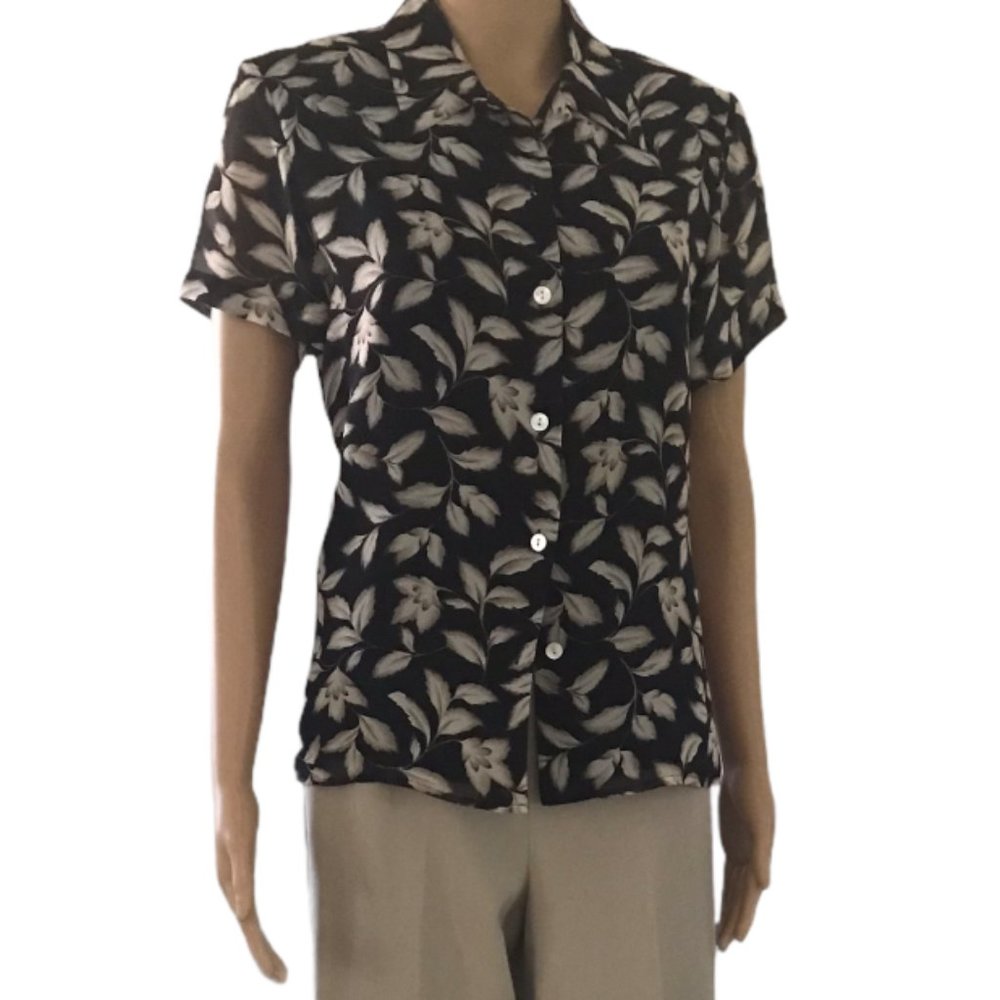 Silkland PM black & tan floral print 100% silk top